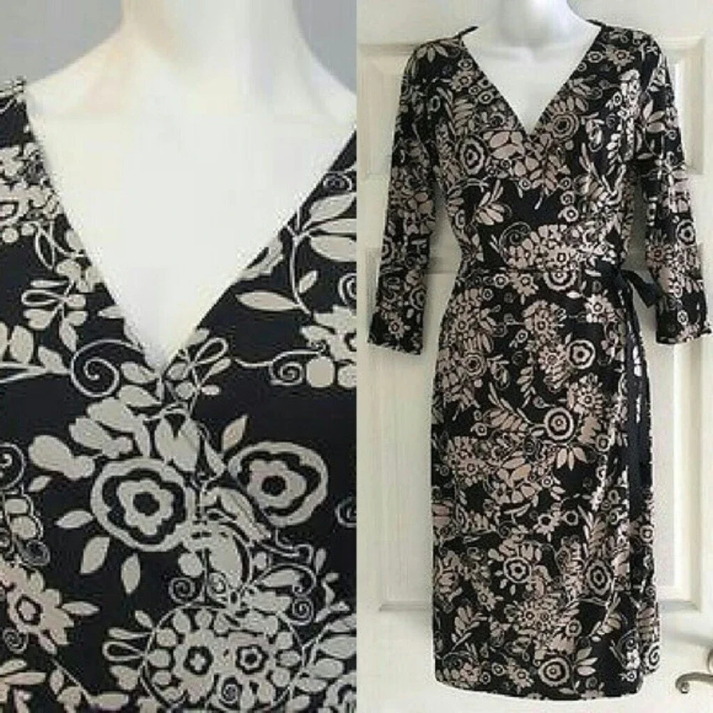 ANN TAYLOR WRAP DRESS Black Tan Print 3/4 LONG SLEEVE Size 4 Small WOMENS NWOT